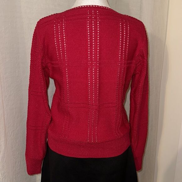 ILGWU S Cerise Pink Boatneck Reverse Knit Eyelet Pullover Sweater Crochet Trim - Picture 2 of 11